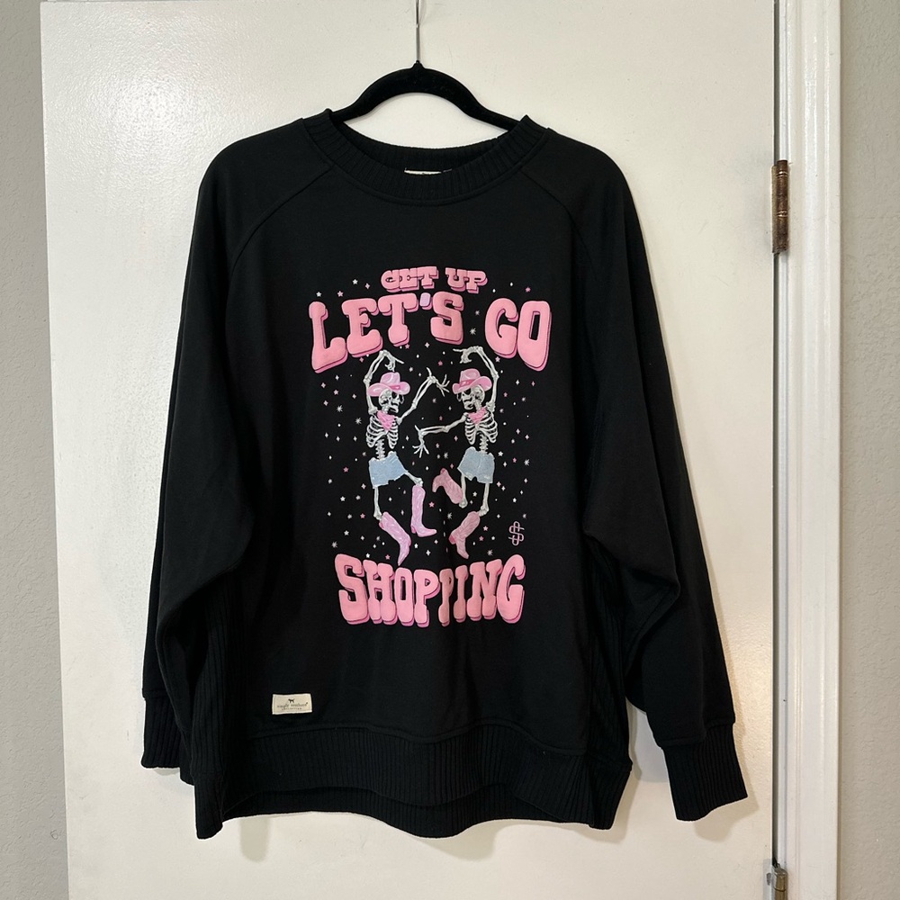 Simply Southern Get Up Let’s Go Shopping skeleton cowboy black pullover size XL